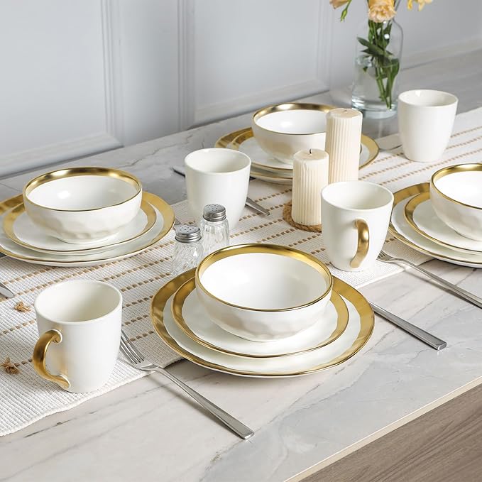 Vicrays 12-Piece Ceramic Dinnerware Set, Dinner Plates, Salad Plates & Cereal Bowls, Dish Set for 4, Microwave, Oven & Dishwasher Safe, Scratch Resistant, White with Golden