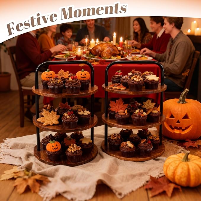 2PCS Wooden Cupcake Stand for 100 Cupcakes - 3-Tier Large Round Dessert Table Display Set with Cupcake Tower, Tiered Tray,Cake Tray and Serving Tray for Wedding, Party, Anniversary, Farmhouse Decor