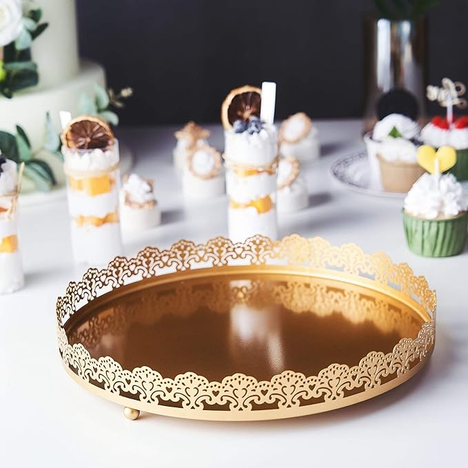 Plastic Round Premium Decorative Serving Tray with Embellished Rims - Gold