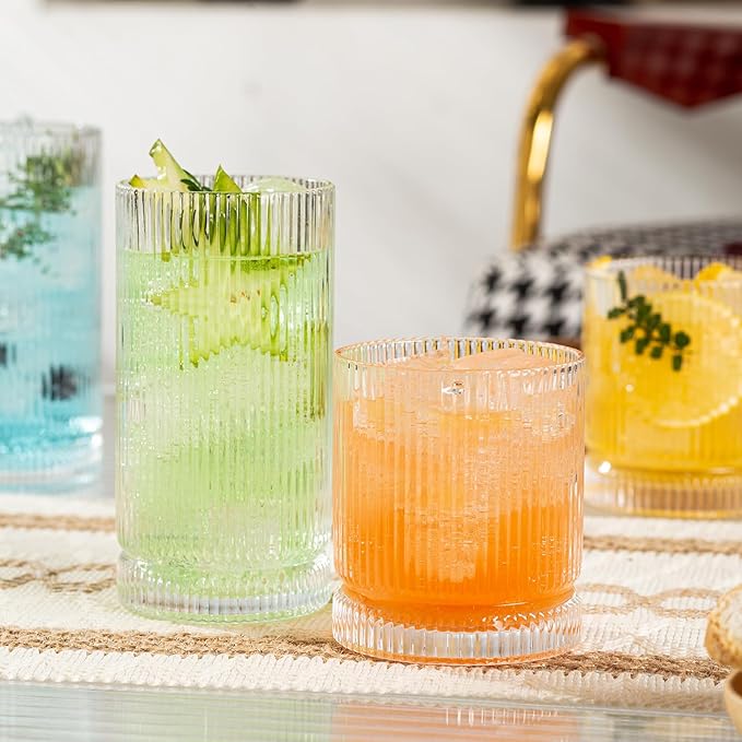 POLIDREAM 16oz Ribbed Glassware, Vintage Drinking Glasses Set of 4, Cocktail Glass Cups, Elegant Tom Collins Glasses, Highball Ribbed Glasses Ideal for Water, Iced Coffee, Juice, Beer, Milk