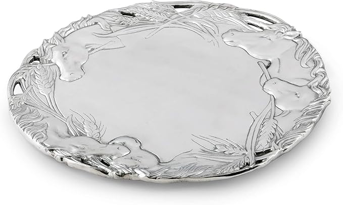 Arthur Court Aluminum Equestrian Horse Design Round Serving Tray Platter, 12-Inch Diameter, Detailed Stallion and Wheat Motif, Food-Safe and Versatile