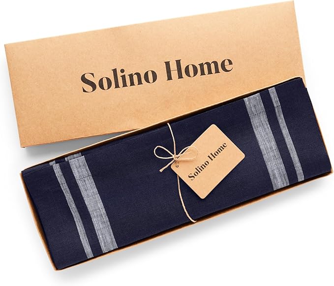 Solino Home Linen French Stripe Placemats Set of 4-14 x 19 Inch Placemats White and Navy - 100% Pure Linen Table Mats for Christmas, New Year