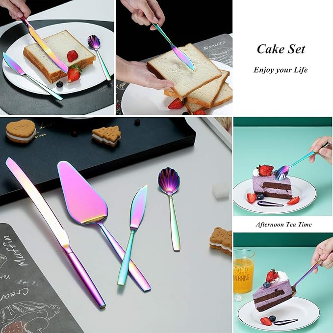 HOMQUEN Rainbow Serving Set - 10 Piece Colorful Flatware, Includes Slotted Spoon, Cake Server, Sugar Spoon, Soup Ladle, Wedding Cake Knife