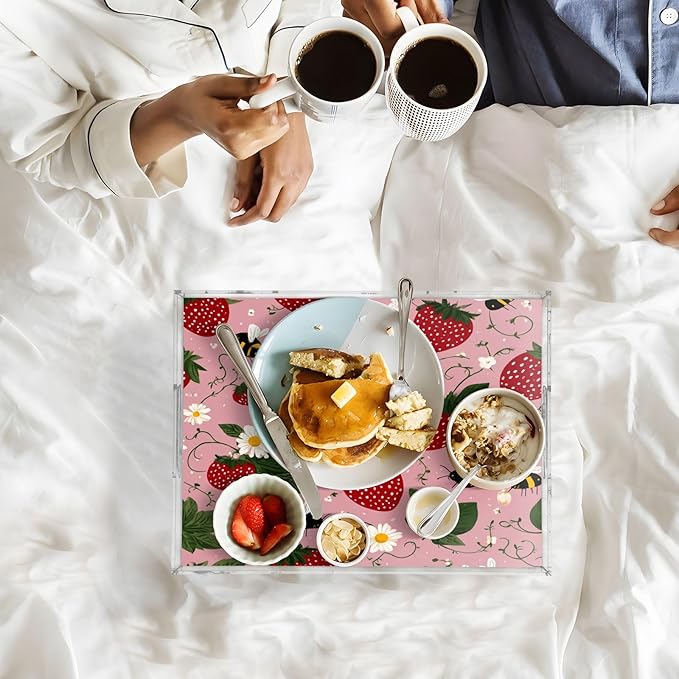 Serving Tray with Handles Clear Acrylic Tray 12x16 Inch Decorative Rectangular Tray Organizer for Ottoman Coffee Table Bathroom Pink Bees Flowers Strawberry