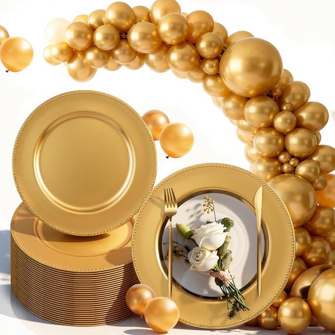 PROY 179 Pcs Charger Plates Set Bulk, 50 Pcs 13'' Gold Reef Charger Plates 129pcs Metallic Gold Balloons Different Sizes 18 12 10 5 Inch Dinner Chargers Set For Dinner Wedding Party Decoration