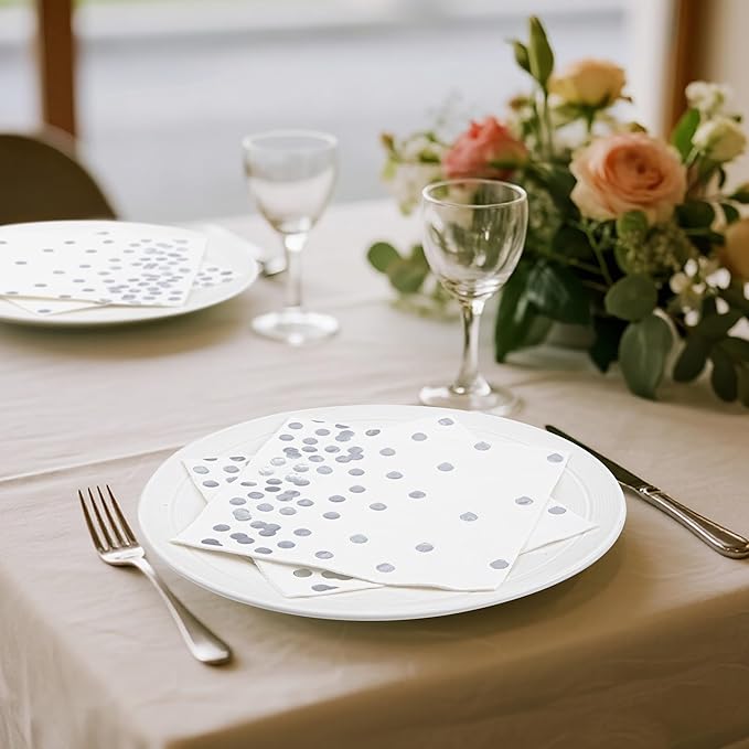 80 Pack of White Paper Cocktail Napkins with Gold Foil Polka Dot Confetti,Polka Dot Party Supplies(5 x 5 in,3-ply) (Silver)