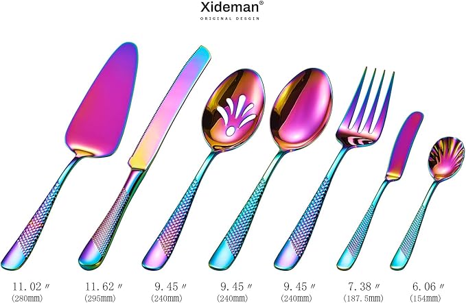 Xideman® 7-Piece Premium Hammered 18/10 Stainless Steel Silverware Serving Utensil Set - Iridescent Hostess Serveware Set with Cake Knife & Cake Server for Parties, Catering, Kitchen, Buffet (Rainbow)
