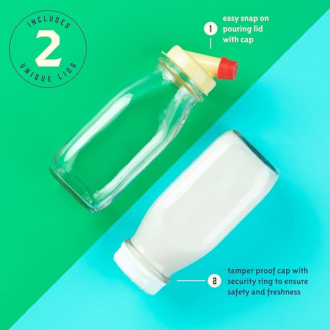 kitchentoolz Glass Creamer Bottle 12 Oz Square Glass Milk Bottle with Lids- Perfect Milk Container for Refrigerator - 12 Ounce Milk Bottle with Lid and Pour Spout