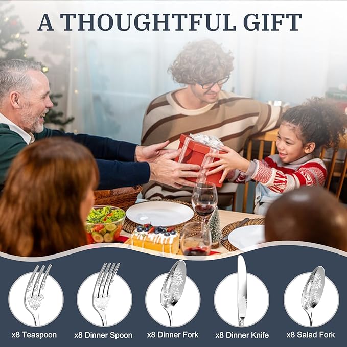 40-Piece Stainless Steel Silverware Set, Elegant Floral Engraved Cutlery Flatware Set for 8, Durable Tableware Utensil Sets Silver Include Fork Spoon Knife with Mirror Polish