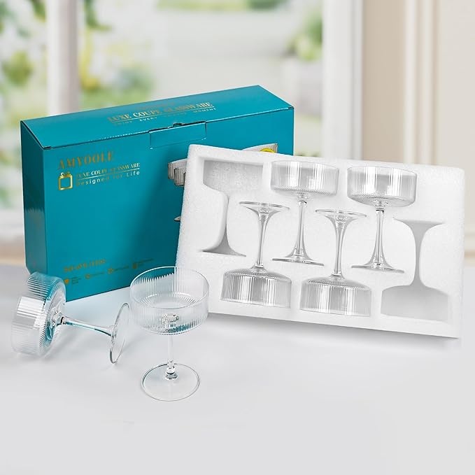 Amyoole Vintage Ribbed Coupe Glasses Set of 6-11oz Clear 100% Crystal Martini Glasses Elegant Cocktail Glasses, Transparent Glassware for Champagne, Margaritas, Espresso with a Rose Ice Mold