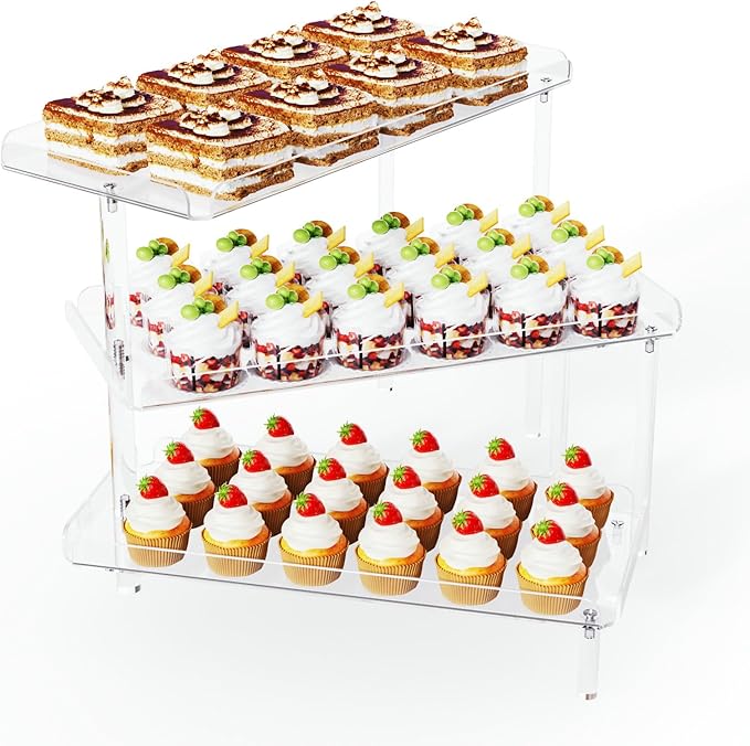 3 Tier Cupcake Stand, Acrylic Dessert Table Display Set with LED Light Premium Holder Dessert Serving Tray for Birthday Candy Bar DΓ©cor Weddings, Parties Events (Yellow Light)