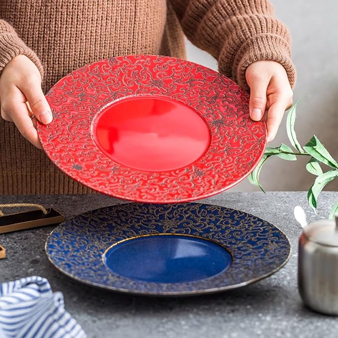 SONGCHAO Party Supplies Red Plate Ceramic Dish Plate Home Chinese Creative Tableware Steak Western Plate Party Plates (Color : B)
