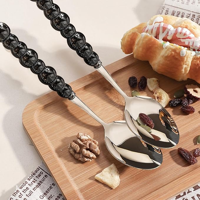Stainless Steel Spoons, Stainless Steel Ceramic Handle Spoon, Korean Dessert Spoon with Imitation Pearl Handle, 8.4 Inches, 4 Pieces,Black.