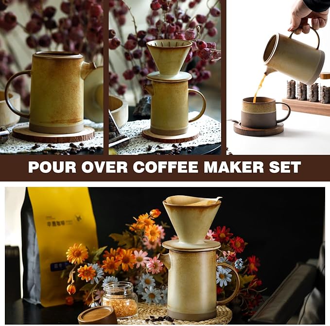 Pour Over Coffee Maker Set Vintage Ceramic Pour Over Coffee Dripper Set with 20 Count Paper Coffee Filters,for Home CafΓ© Restaurant Camping,15.8 Ounces(Yellow)