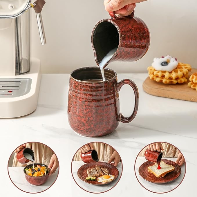 Hasense Ceramic Sugar and Creamer Set, 11 Ounce Sugar Bowl with Lid and Spoon, 10 Ounce Cream Pitcher, Red Coffee Serving Set for Gift, Dishwasher & Microwave Safe