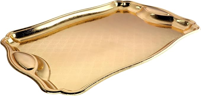 19.5 inch x 13.8 inch Oblong Iron Gold Plated Mirror Serving Tray with Handles Floral Engraved Decorative Party Birthday Dessert Wine Decor Platter Plate Base Dish FST-081