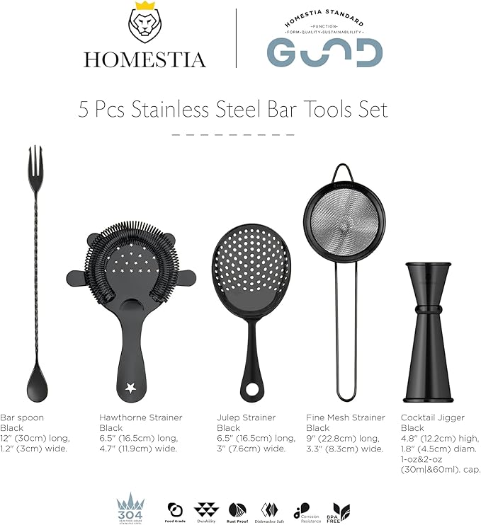 Homestia Cocktail Strainer Set – Bar tools Stainless Steel Includes Hawthorne Strainer, Julep & Fine Mesh Cocktail Strainers, Mixing Spoon – Drink Shaker Strainer for Bartending (5 Pieces, Black)