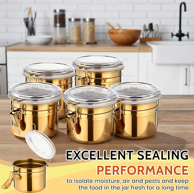 6 Pcs Stainless Steel Food Storage Containers Set Airtight Kitchen Canisters Coffee Jar with Clear Lid and Locking Clamp for Coffee Bean, Tea, Flour, Sugar, Cookie Storage (17 oz)