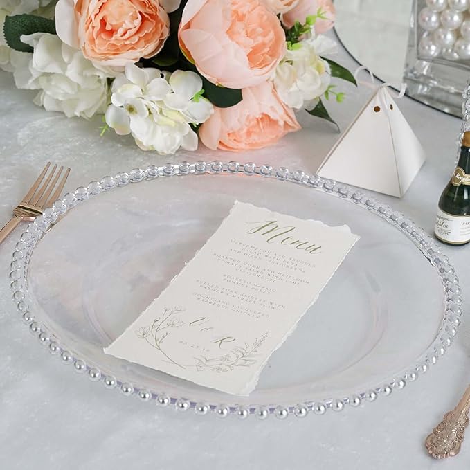Efavormart 12-Pack Acrylic Charger Plates 13" Round Clear with Silver Beaded Rim - Decorative Dinner Party Serving Plates