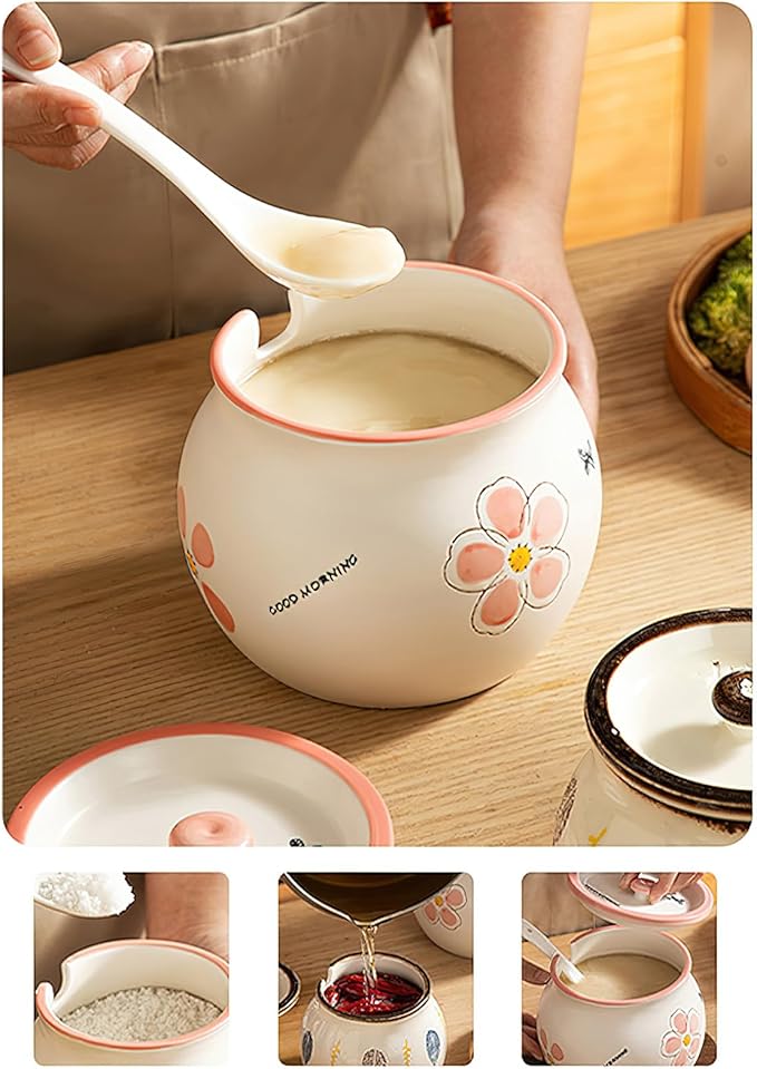 Ceramic Salt and Sugar Bowl, Porcelain Condiment Jars with Lid and Spoon, Seasoning Spice Pot Bowl, Salt Sugar Pepper Storage Jar, 600ml, Pink Flower