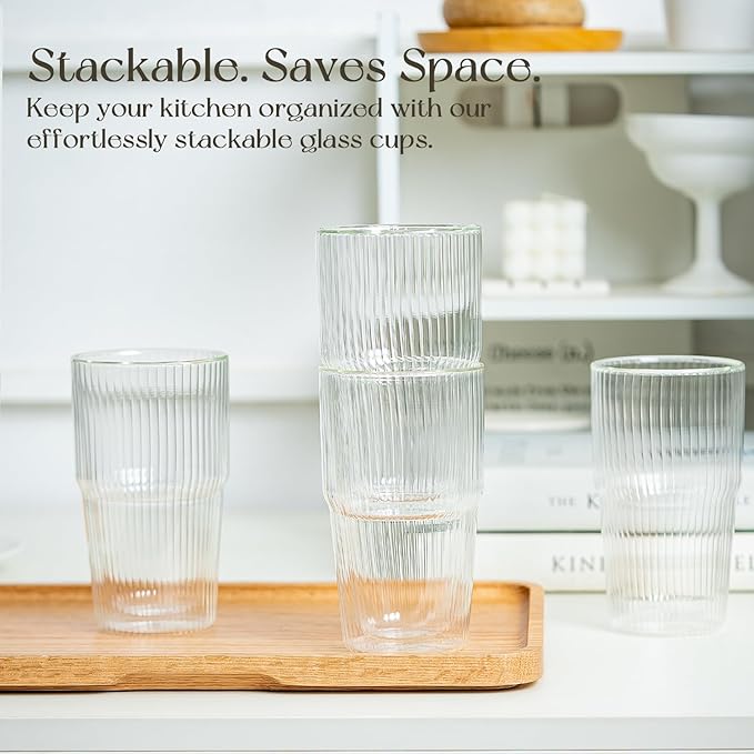 KEMORELA Set of 4 Ribbed Double-Walled Glass Cups, 16 oz / 480 ml Insulated Tumblers for Iced Coffee, Latte, Matcha, Smoothies & Bubble Tea – Clear Vertical Stripe Glassware, Dishwasher Safe