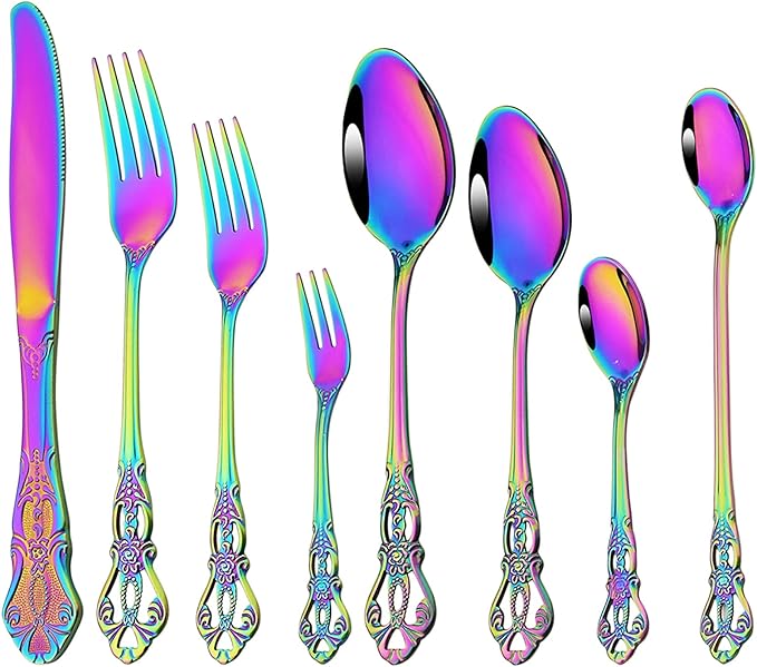 Elegant 32-Piece (4 Set) Retro Flatware Set, Stainless Steel Cutlery Set - Complete Eating Tableware Serving Set, Dishwasher Safe, Shiny Mirror Polish (Rainbow)