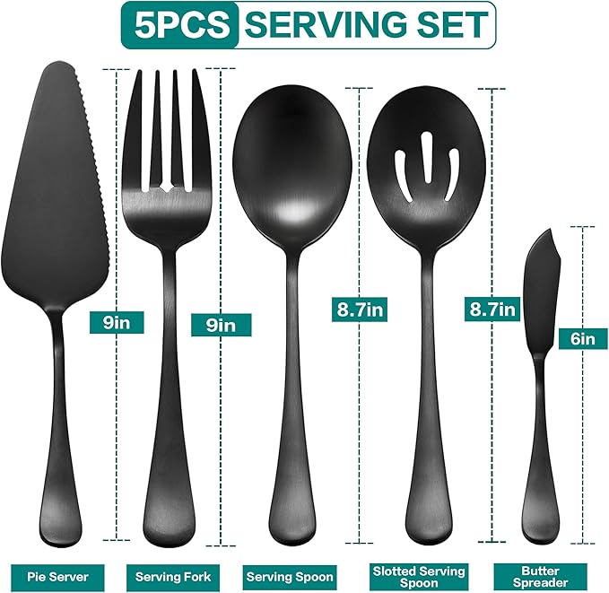 LIANYU 5-Piece Matte Black Serving Utensils Set, Stainless Steel Flatware Serving Set, Ideal for Buffet Catering Party, Satin Finish, Dishwasher Safe