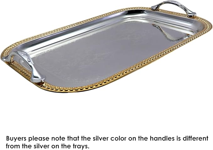 13.8 inch x 9.4 inch Oblong Chrome Plated Mirror Silver Serving Tray with Handles Stylish Design Floral Engraved Iron Gold Edge Decorative Party Birthday Buffet Platter Plate FST-023