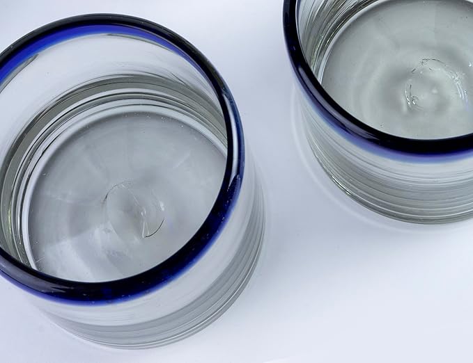 Handmade con Amor - 7 oz Hand Blown Mexican Drinking Glasses - Set of 2, 7 fl oz each, Cobalt-Blue Rim