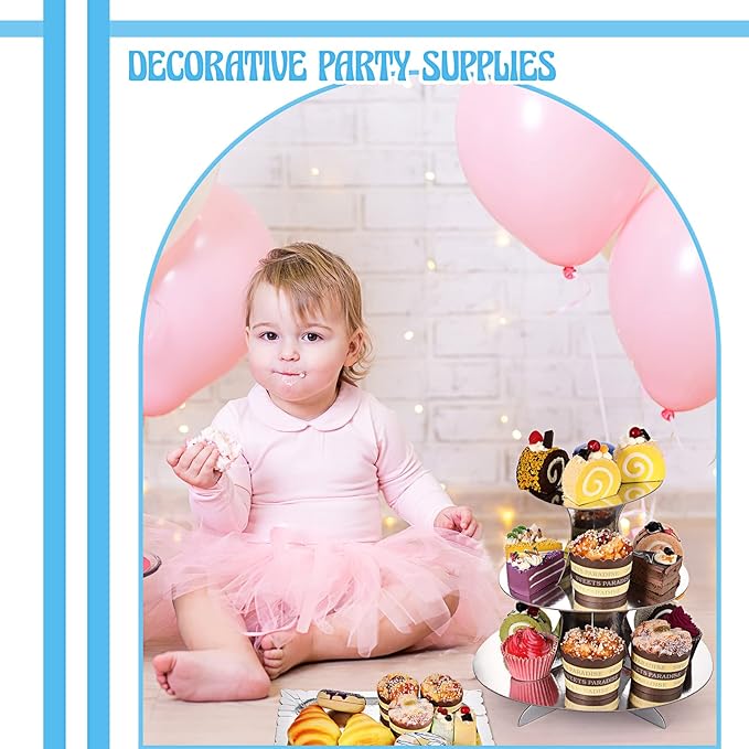 Zopeal 7 Pcs Dessert Table Display Set 3-Tier Cupcake Stand 1-Tier Cup Cake Display Tower Platters and Serving Trays Cardboard Cake Cookie Holders for Wedding Birthday Party Baby Shower(Silver)