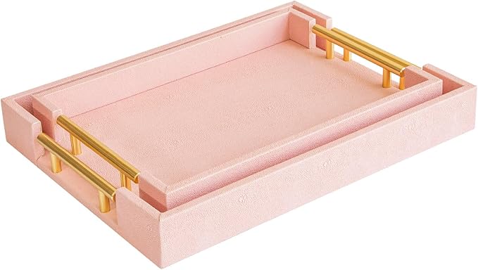 Modern Elegant Pink Faux Shagreen Leather Tray, Set of 2 Rectangle Serving Trays with Gold Polished Metal Handles, Ottoman Tray Coffee Table Perfume Kitchen Trays Home Decor