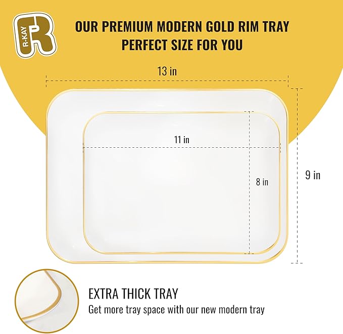3 Pack Plastic Serving Trays for Party - White and Gold Serving Tray 8 by 11 in - Heavy Duty Dessert Trays for Food - Rectangular Party Serving Trays, Gold Platters