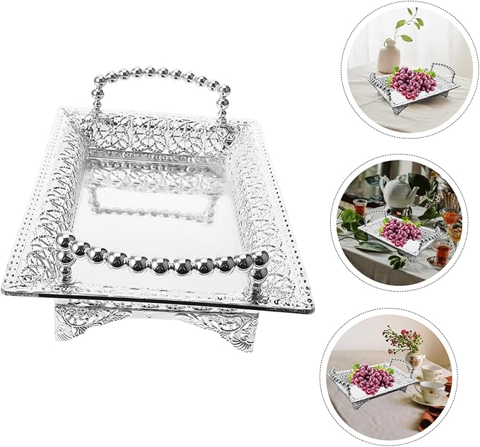 Ciieeo Silver Fruit Tray Handle Tiered Snack Serving Plate Decorative Metal Serving Dish for Bar