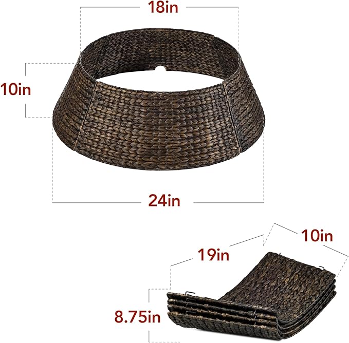 Best Choice Products 24in Christmas Tree Collar, Woven Hyacinth 3-Piece Holiday Rattan Tree Skirt Accessory for Home w/Cord Cut-Out - Espresso