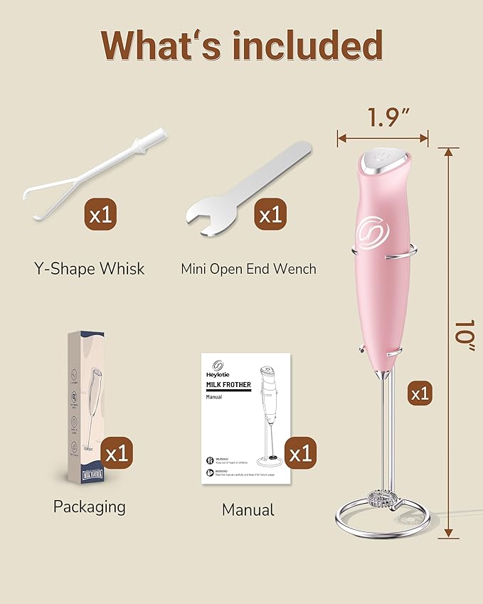 Milk Frother With Stand Handheld Frother Wand Drink Mixer Handheld Coffee Stirrers Electric Frother for Coffee Mixer Wand with 2 Whisk frother for protein powder-Pink