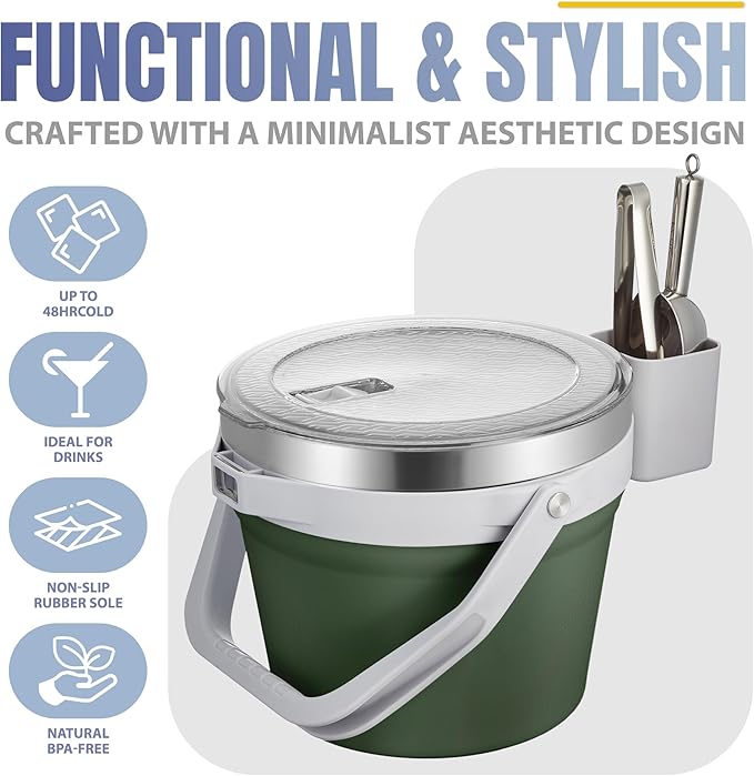 COKTIK 7L Vacuum Insulated Ice Bucket with Lid and Scoop& Tongs,Large capacity Stainless Steel Beverage Bucket for Cocktail, Champagne, Wine, Beer,Large Parties(Army Green Suit)