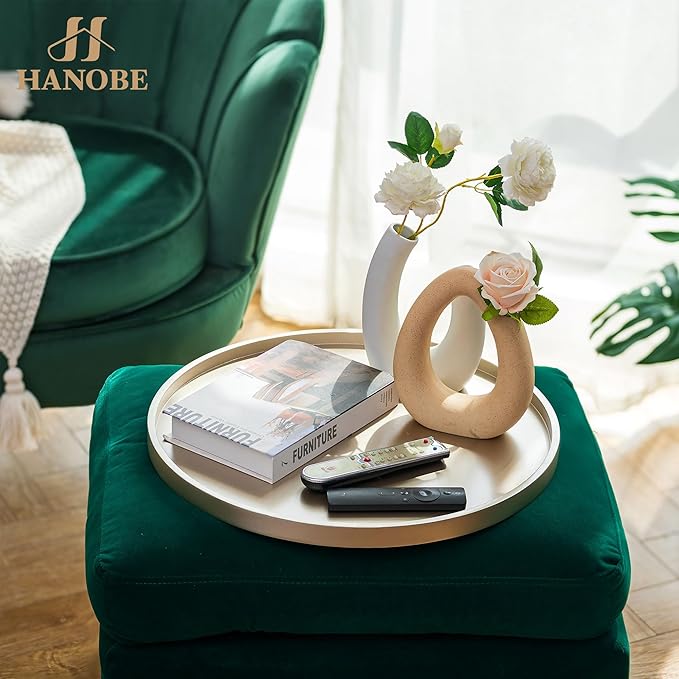 Hanobe Large Ottoman Serving Tray: 18” Gold Round Decorative Coffee Table Trays Wooden Big Circle Farmhouse Centerpiece Home Decor Living Room Organizer
