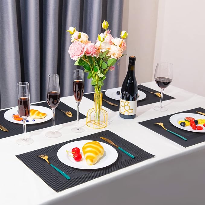 Placemats,PlasticVinyl Washable Heat-Resistant Durable PVC Non-Slip Woven for Kitchen Dining Table Mats (Set of 4, Black)