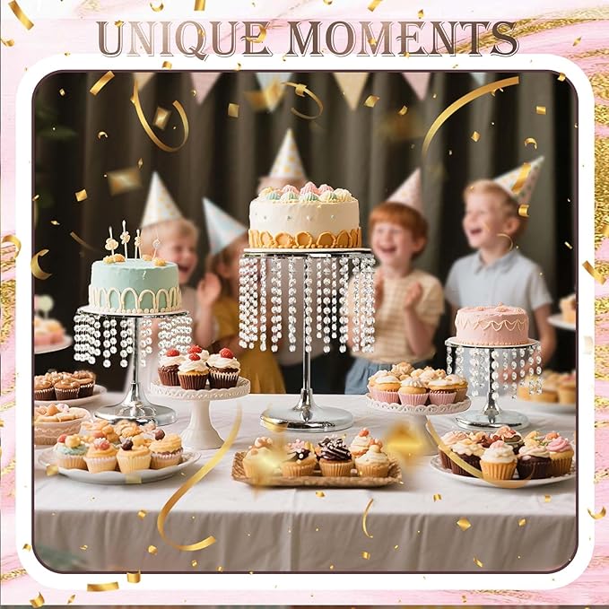Metal Mirror Cake Stand Set with Crystal Pendants - Elegant Dessert Table Display for Weddings, Birthday Parties, Baby Showers, Events - Sturdy Crystal Bling Cupcake Stands for Pastries, Sweets, Decorations (Silver, Set of 3)
