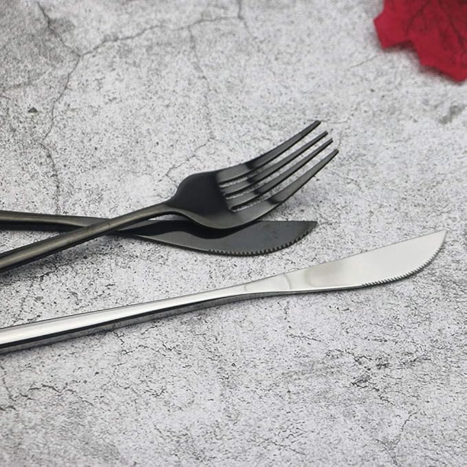 JASHII 4 Piece Titanium Black Plated Stainless Steel Flatware Set, Black Cutlery Set, 4 Pieces Black Silverware Set, Service for 1 (Black Full)