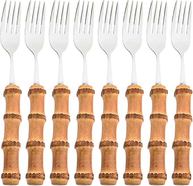 8pcs Dinner Fork, Stainless Steel and Natural Bamboo Cutlery Table Fork, Resuable Mirror Polish, Elegant and Exquisite Salad Fork, 8.07-inch, Silver