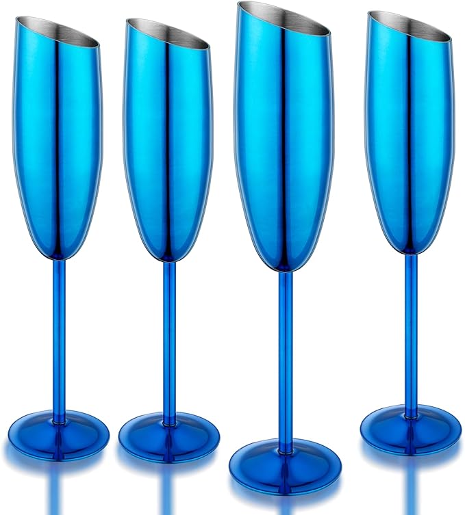 Champagne Flutes Set of 4, Premiumty Stainless Steel High Footed Champagne Glasses, 7oz Capacity,Unbreakable Slanted Champagne Glasses