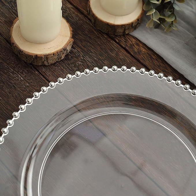 10" Dinner Plates - Set of 10 - Plastic Clear Silver Round Disposable Plate Beaded Rim, Ideal for Decoration Party Wedding Bulk Events