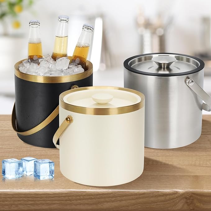 ZORMY 3L Double-Wall Vacuum Insulated Stainless Steel Ice Bucket with Lid & Tong,Wine and Champagne Bucket for Home & Parties(WhiteGold)
