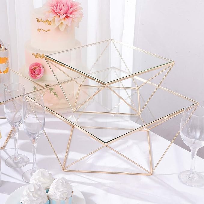 Efavormart Set of 3 Metal Geometric Cake Stand Gold Cake Riser with Glass Top Glossy Metallic Finish for Dessert Cupcake Pastry Candy Display Plate Event, Birthday Party