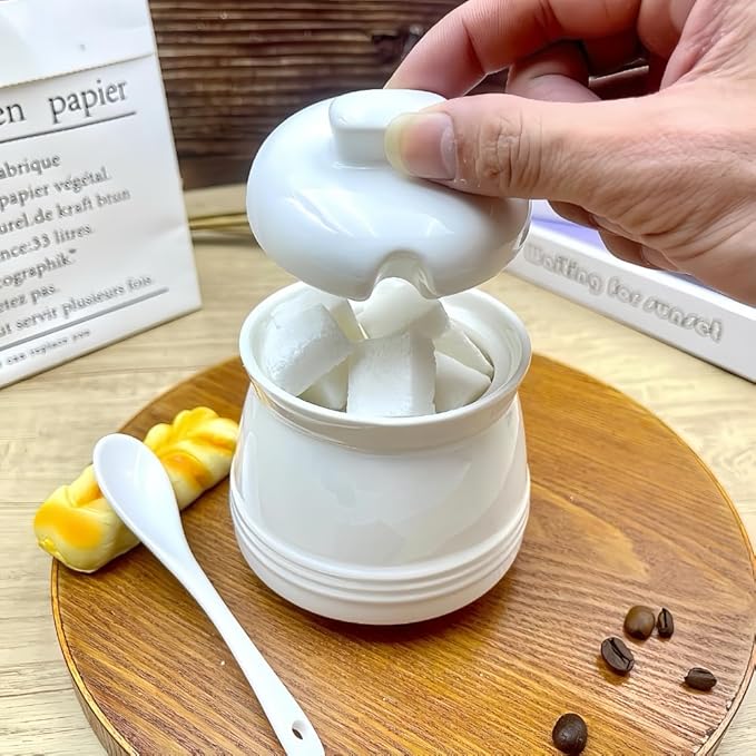 Ceramic Sugar Bowl with Lid and Spoon, 12 oz Porcelain Sugar Jar Sugar Dispenser,Sugar Salt Container for Home and Kitchen Countertop Canisters, White