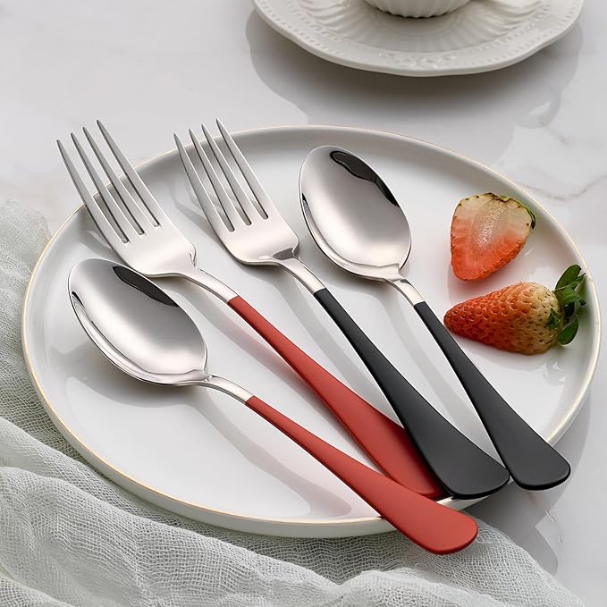 您之前提供的信息: Onlycooker 24 piece Black and Red Forks and Spoons Silverware Set,Black and Red Handle Silverware 18/0 Stainless Steel Flatware Forksand Spoons Dessert of 24