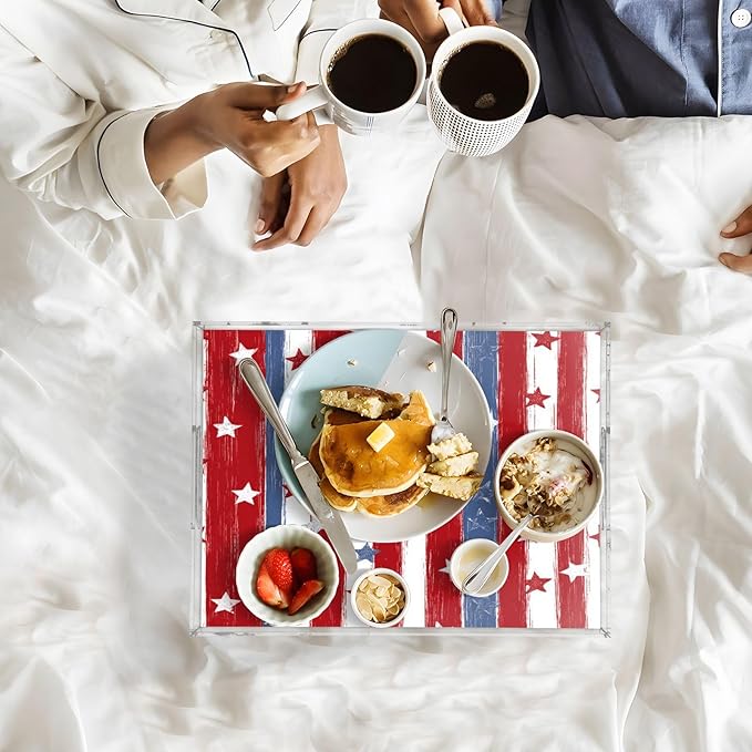 Serving Tray with Handles Clear Acrylic Tray 12x16 Inch Decorative Rectangular Tray Organizer for Ottoman Coffee Table Bathroom Red and Blue Stars Independence Day01