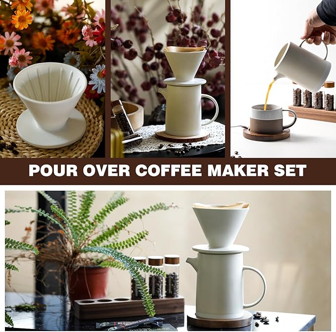 Pour Over Coffee Maker Set Vintage Ceramic Pour Over Coffee Dripper Set with 20 Count Paper Coffee Filters,for Home CafΓ© Restaurant Camping,15.8 Ounces(White)