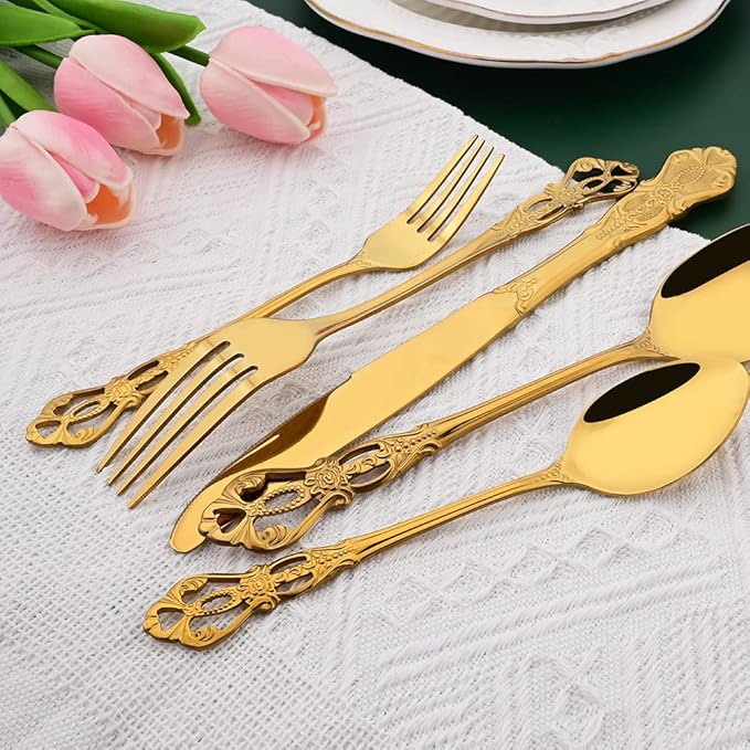 Gold Flatware Set For 4, 20 Pieces 18/0 Stainless Steel Silverware Set, Cutlery Utensils Set Include Knives/Forks/Spoons, Antique Baroque Style & Luxury Mirror Polished